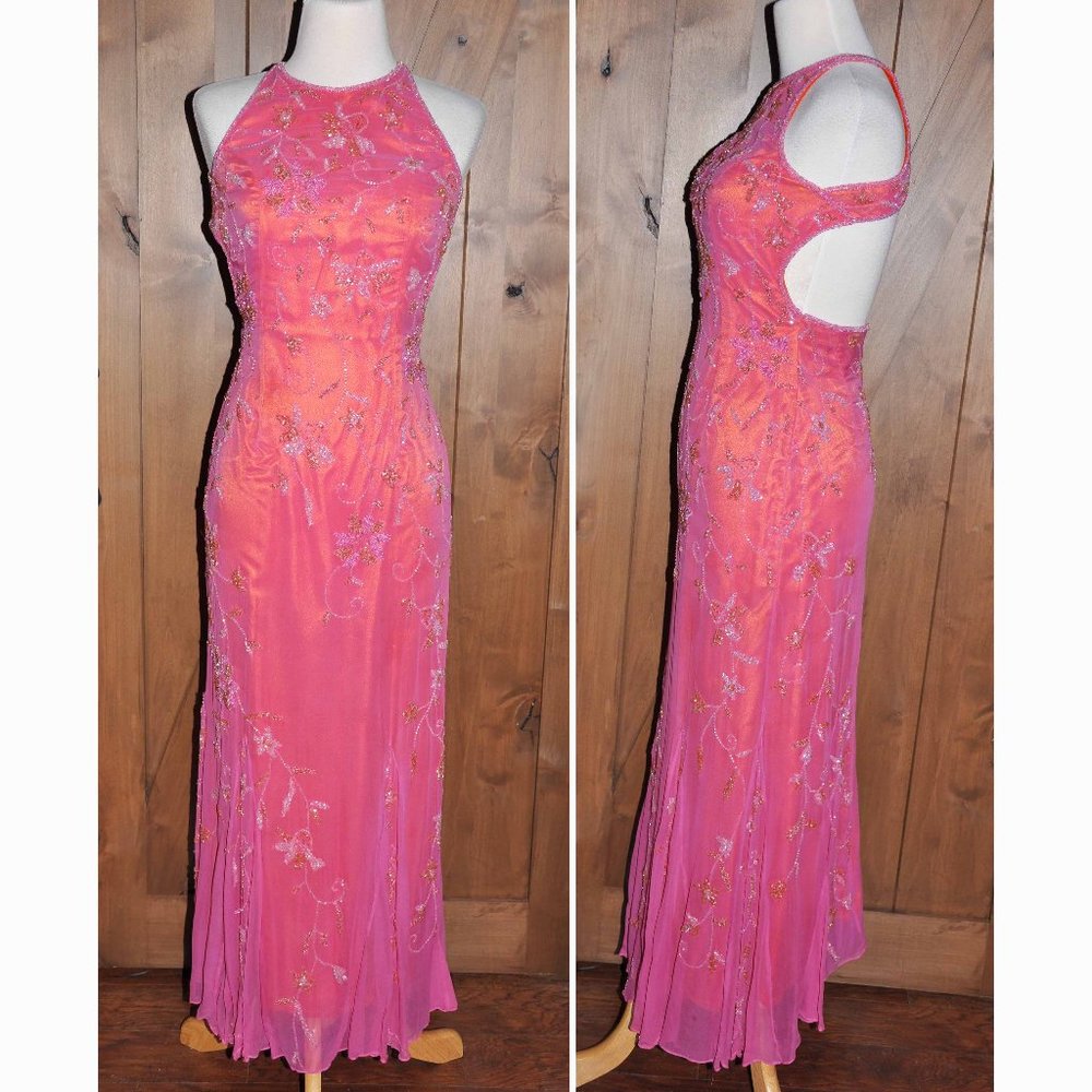 Scala Rose Color Sexy Beaded Open Back Formal Evening Gown